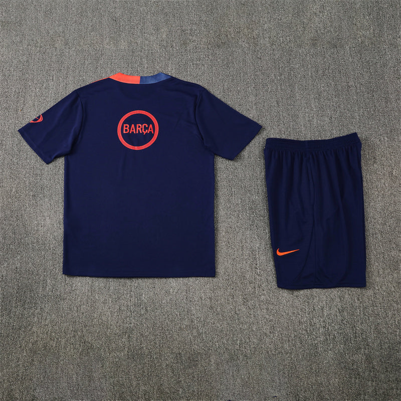 Tenue maillot + short Barcelone bleu foncé/orange 25/26